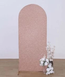 HIER_3110 5ft Shiny Blush/Rose Gold Spandex Fit Round Top Backdrop Frame Stand Cover, 2-Sided Metallic Sparkly Wedding Arch Cover