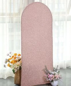 HIER_3110 5ft Shiny Blush/Rose Gold Spandex Fit Round Top Backdrop Frame Stand Cover, 2-Sided Metallic Sparkly Wedding Arch Cover