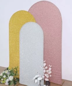 HIER_3110 Backdrop Panels 5ft Shiny Silver Spandex Fit Round Top Backdrop Frame Stand Cover, 2-Sided Metallic Sparkly Wedding Arch Cover