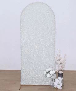 HIER_3110 Backdrop Panels 5ft Shiny Silver Spandex Fit Round Top Backdrop Frame Stand Cover, 2-Sided Metallic Sparkly Wedding Arch Cover