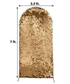 HIER_3110 7ft Sparkly Gold Big Payette Sequin Round Top Wedding Arch Frame Cover, 2-Sided Fit Backdrop Stand Cover