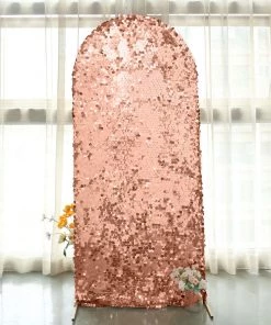 HIER_3110 6ft Sparkly Blush/Rose Gold Big Payette Sequin Round Top Wedding Arch Frame Cover, 2-Sided Fit Backdrop Stand Cover Backdrop Panels