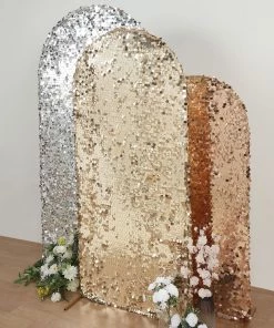 HIER_3110 Backdrop Panels 6ft Sparkly Champagne Big Payette Sequin Round Top Wedding Arch Frame Cover, 2-Sided Fit Backdrop Stand Cover