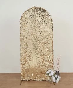 HIER_3110 Backdrop Panels 6ft Sparkly Champagne Big Payette Sequin Round Top Wedding Arch Frame Cover, 2-Sided Fit Backdrop Stand Cover
