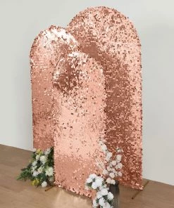 HIER_3110 Backdrop Panels 5ft Sparkly Blush/Rose Gold Big Payette Sequin Round Top Wedding Arch Frame Cover, 2-Sided Fit Backdrop Stand Cover