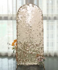 HIER_3110 5ft Sparkly Champagne Big Payette Sequin Round Top Wedding Arch Frame Cover, 2-Sided Fit Backdrop Stand Cover Backdrop Panels