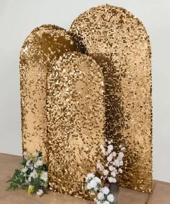 HIER_3110 Backdrop Panels 5ft Sparkly Gold Big Payette Sequin Round Top Wedding Arch Frame Cover, 2-Sided Fit Backdrop Stand Cover