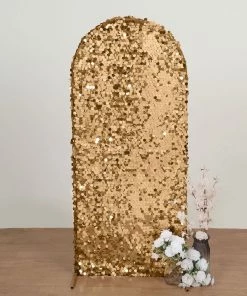 HIER_3110 Backdrop Panels 5ft Sparkly Gold Big Payette Sequin Round Top Wedding Arch Frame Cover, 2-Sided Fit Backdrop Stand Cover