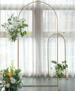 HIER_3630 7ft Gold Metal Frame Wedding Arch, Round Rectangular Backdrop Stand, Floral Display Frame With Round Top Backdrop Stands & Ceiling Kits