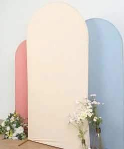 HIER_3110 Backdrop Panels 7ft Beige Spandex Fit Round Top Backdrop Frame Stand Cover, 2-Sided Wedding Arch Cover