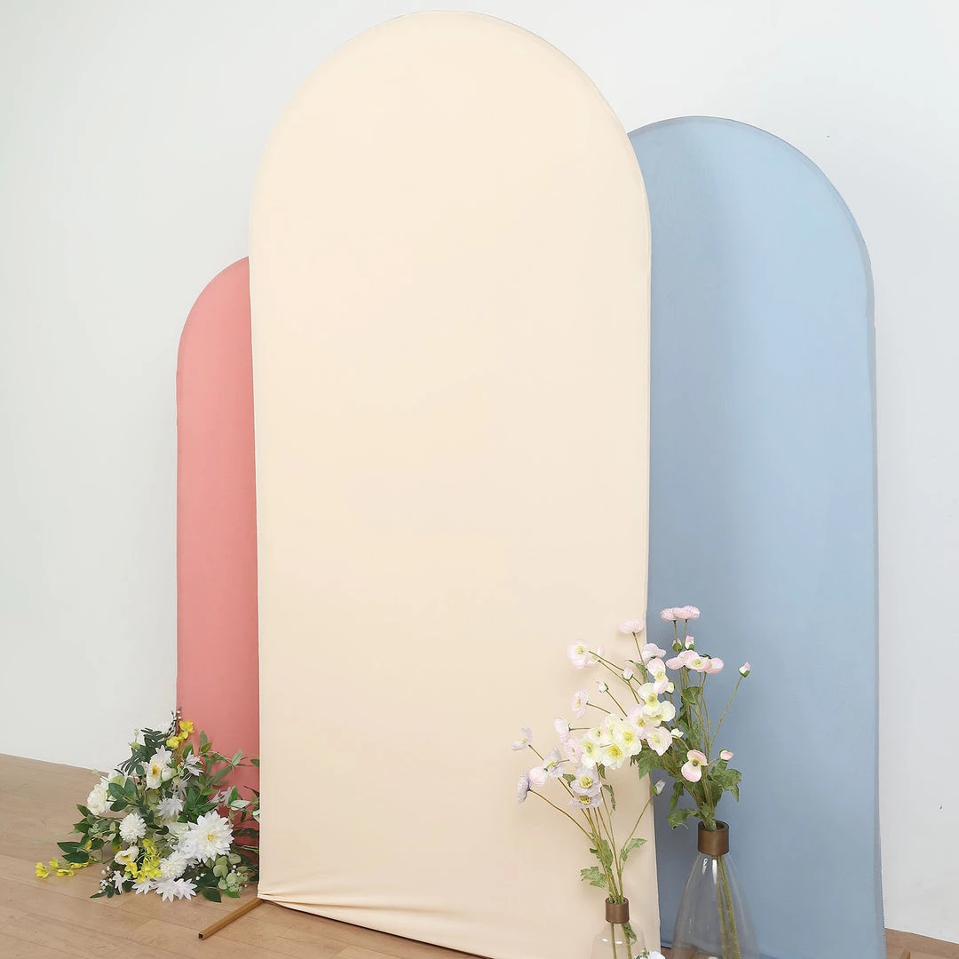 HIER_3110 Backdrop Panels 7ft Beige Spandex Fit Round Top Backdrop Frame Stand Cover, 2-Sided Wedding Arch Cover 2 HIER_3110 Backdrop Panels 7ft Beige Spandex Fit Round Top Backdrop Frame Stand Cover, 2-Sided Wedding Arch Cover