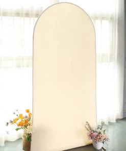 HIER_3110 Backdrop Panels 7ft Beige Spandex Fit Round Top Backdrop Frame Stand Cover, 2-Sided Wedding Arch Cover