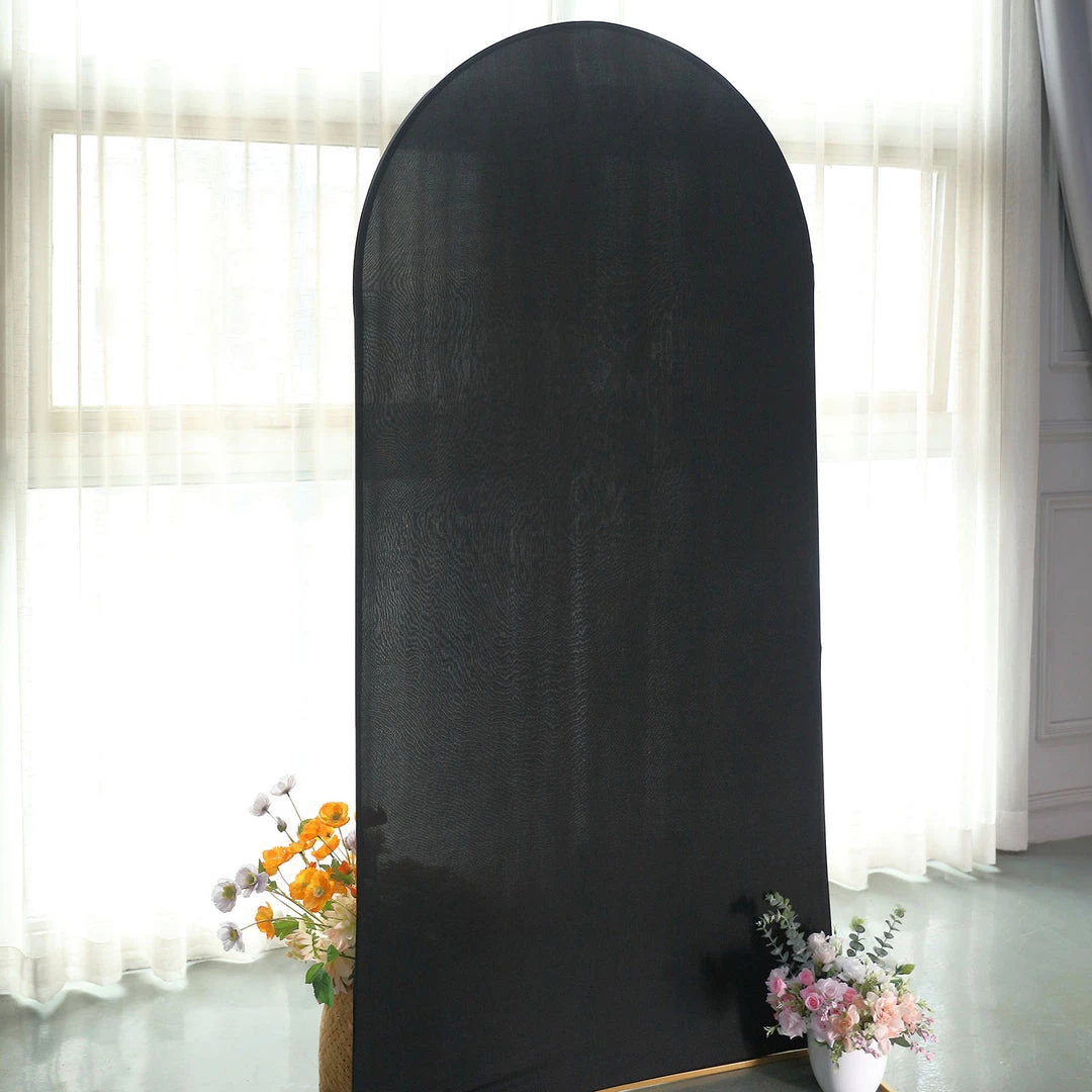 HIER_3110 7ft Black Spandex Fit Round Top Backdrop Frame Stand Cover, 2-Sided Wedding Arch Cover 1 HIER_3110 7ft Black Spandex Fit Round Top Backdrop Frame Stand Cover, 2-Sided Wedding Arch Cover