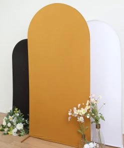 HIER_3110 7ft Gold Spandex Fit Round Top Backdrop Frame Stand Cover, 2-Sided Wedding Arch Cover
