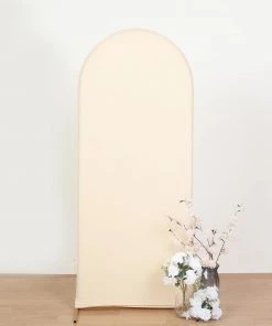 HIER_3110 Backdrop Panels 5ft Beige Spandex Fit Round Top Backdrop Frame Stand Cover, 2-Sided Wedding Arch Cover