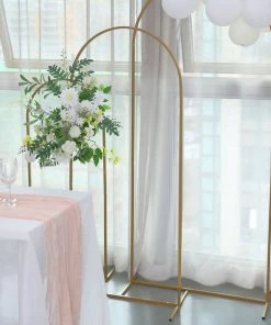 HIER_3630 5ft Gold Metal Frame Wedding Arch, Round Rectangular Backdrop Stand, Floral Display Frame With Round Top