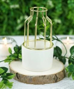HIER_4330 6" Gold Wrought Iron White Ceramic Vase Small Flower Pot Chargers & Centerpieces