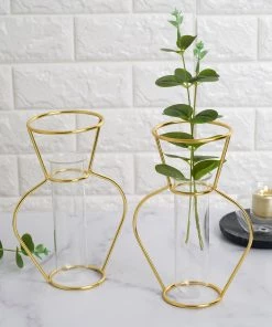 HIER_4820 Chargers & Centerpieces Pack Of 2 | 8" Gold Geometric Metal Flower Vase | Test Tube Vase