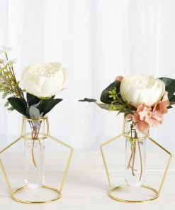HIER_4820 Set Of 2 | 6.5" Vase Shaped Gold Metal Flower Stand With Clear Glass Test Tube Vase, Geometric Vase Chargers & Centerpieces