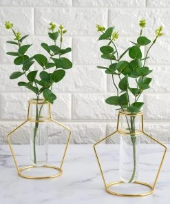 HIER_4820 Set Of 2 | 6.5" Vase Shaped Gold Metal Flower Stand With Clear Glass Test Tube Vase, Geometric Vase Chargers & Centerpieces