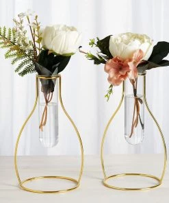 HIER_4820 Chargers & Centerpieces Set Of 2 | 9" Milk Bottle Shaped Gold Metal Flower Stand With Clear Glass Test Tube Vase, Geometric Vase