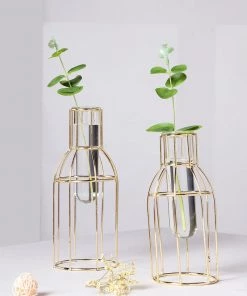 HIER_4330 2 Pack | Geometric Metal Flower Vase Racks Holders | Bottle Style | Free Glass Tubes Included