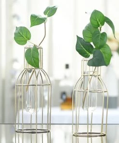 HIER_4330 2 Pack | Geometric Metal Flower Vase Racks Holders | Bottle Style | Free Glass Tubes Included