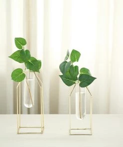 HIER_4330 Pack Of 2 | Geometric Metal Flower Vase Racks Holders | Geometric Vase Style | Free Glass Tubes Included Chargers & Centerpieces