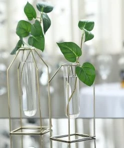 HIER_4330 Pack Of 2 | Geometric Metal Flower Vase Racks Holders | Geometric Vase Style | Free Glass Tubes Included Chargers & Centerpieces