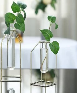 HIER_4330 Pack Of 2 | Geometric Metal Flower Vase Racks Holders | Geometric Vase Style | Free Glass Tubes Included Chargers & Centerpieces