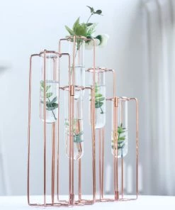 HIER_4820 15" - Set Of 5 Conjoined Geometric Metal Flower Vase Racks - Hydroponic Test Tube Bud Vases - Rose Gold