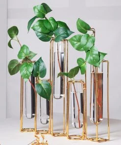 HIER_4330 Chargers & Centerpieces 15" | Set Of 5 Conjoined Geometric Metal Flower Vase Racks | Hydroponic Test Tube Vases - Gold