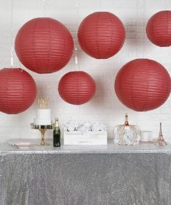 HIER_3300 Set Of 6 - Burgundy Hanging Paper Lanterns Round Assorted Size - 16", 20", 24"