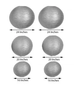 HIER_3300 Set Of 6 - Silver Hanging Paper Lanterns Round Assorted Size - 16