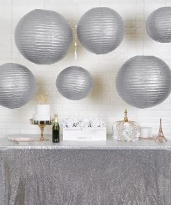 HIER_3300 Set Of 6 - Silver Hanging Paper Lanterns Round Assorted Size - 16", 20", 24"
