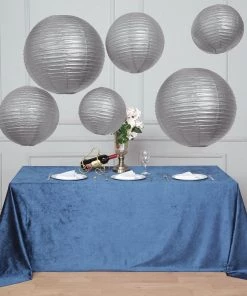 HIER_3300 Set Of 6 - Silver Hanging Paper Lanterns Round Assorted Size - 16", 20", 24"