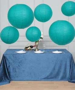 HIER_3300 Big Event Backdrops & Décor Set Of 6 - Turquoise Hanging Paper Lanterns Round Assorted Size - 16", 20", 24"