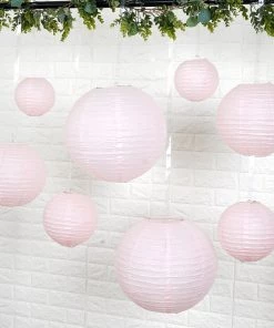 HIER_3300 Set Of 8 - Blush/Rose Gold Hanging Paper Lanterns Round Assorted Size - 6
