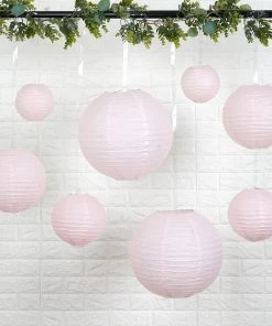 HIER_3300 Set Of 8 - Blush/Rose Gold Hanging Paper Lanterns Round Assorted Size - 6", 8", 10", 14" Big Event Backdrops & Décor