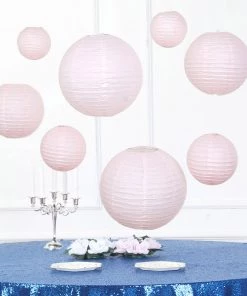 HIER_3300 Set Of 8 - Blush/Rose Gold Hanging Paper Lanterns Round Assorted Size - 6", 8", 10", 14" Big Event Backdrops & Décor