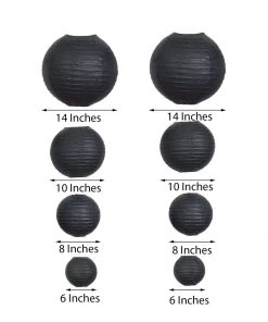 HIER_3300 Set Of 8 - Black Hanging Paper Lanterns Round Assorted Size- 6", 8", 10", 14" Big Event Backdrops & Décor 16 HIER_3300 Set Of 8 - Black Hanging Paper Lanterns Round Assorted Size- 6