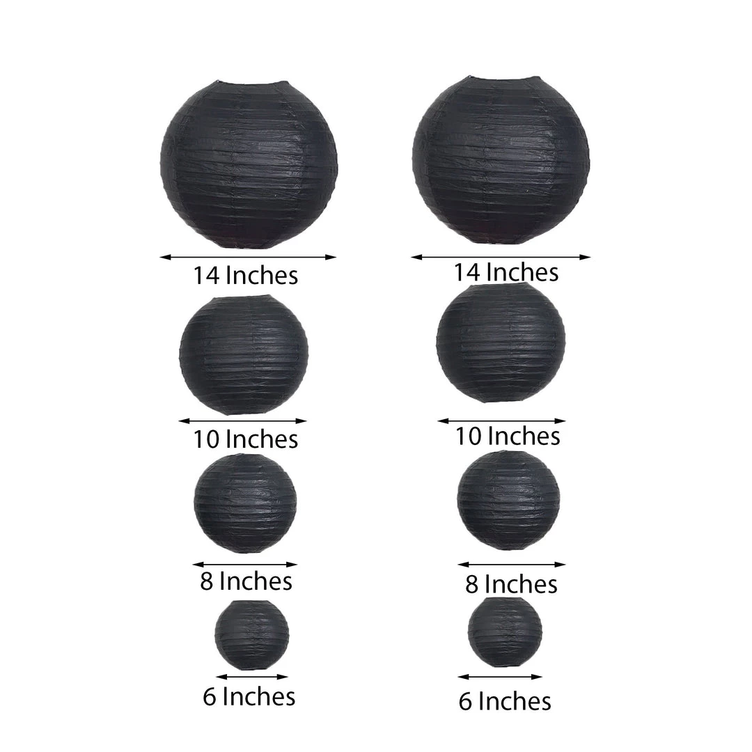 HIER_3300 Set Of 8 - Black Hanging Paper Lanterns Round Assorted Size- 6", 8", 10", 14" Big Event Backdrops & Décor 3 HIER_3300 Set Of 8 - Black Hanging Paper Lanterns Round Assorted Size- 6", 8", 10", 14" Big Event Backdrops & Décor