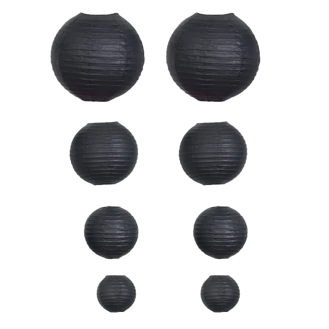 HIER_3300 Set Of 8 - Black Hanging Paper Lanterns Round Assorted Size- 6", 8", 10", 14" Big Event Backdrops & Décor 14 HIER_3300 Set Of 8 - Black Hanging Paper Lanterns Round Assorted Size- 6", 8", 10", 14" Big Event Backdrops & Décor