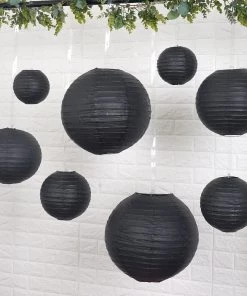 HIER_3300 Set Of 8 - Black Hanging Paper Lanterns Round Assorted Size- 6", 8", 10", 14" Big Event Backdrops & Décor 19 HIER_3300 Set Of 8 - Black Hanging Paper Lanterns Round Assorted Size- 6