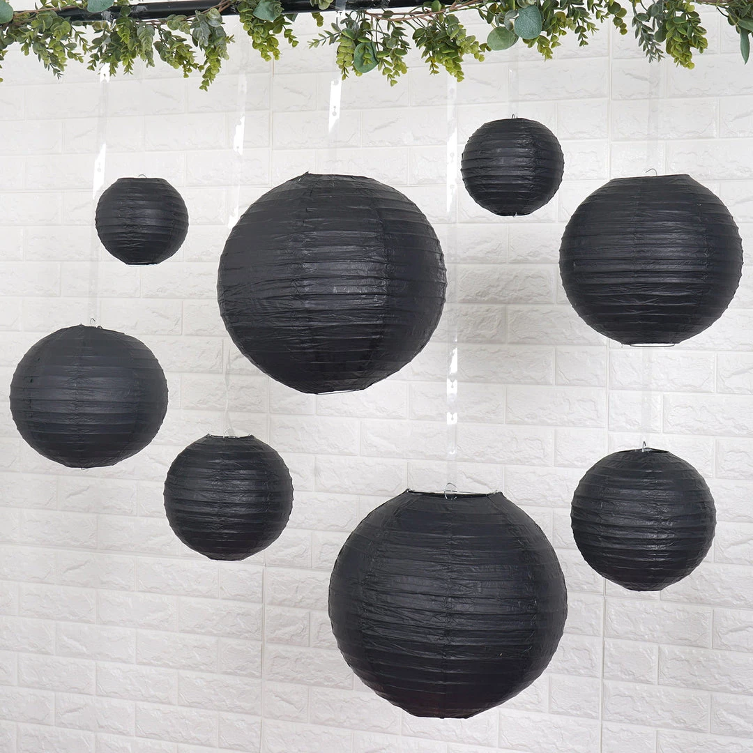 HIER_3300 Set Of 8 - Black Hanging Paper Lanterns Round Assorted Size- 6", 8", 10", 14" Big Event Backdrops & Décor 6 HIER_3300 Set Of 8 - Black Hanging Paper Lanterns Round Assorted Size- 6", 8", 10", 14" Big Event Backdrops & Décor