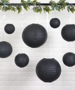 HIER_3300 Set Of 8 - Black Hanging Paper Lanterns Round Assorted Size- 6", 8", 10", 14" Big Event Backdrops & Décor