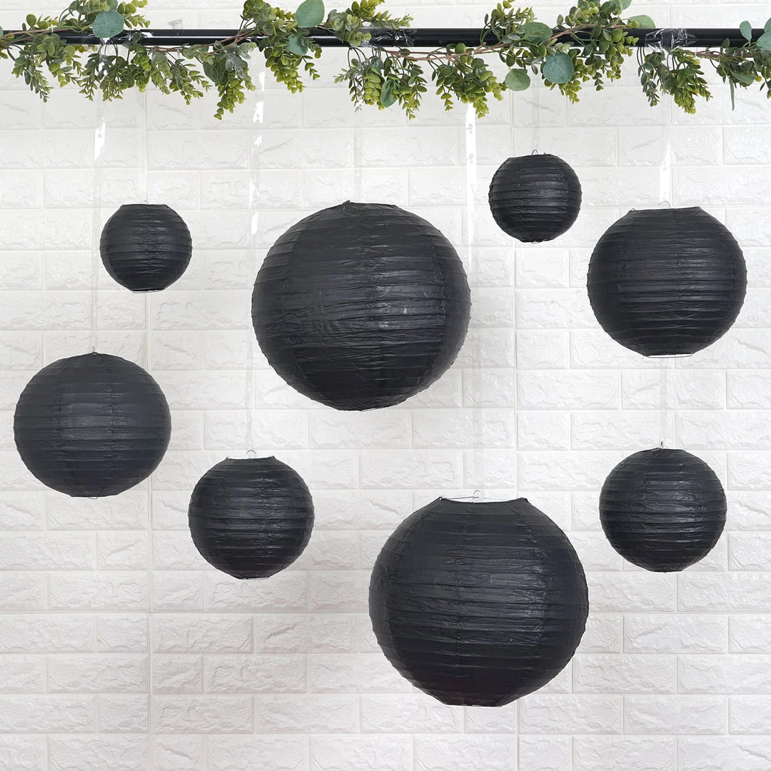 HIER_3300 Set Of 8 - Black Hanging Paper Lanterns Round Assorted Size- 6", 8", 10", 14" Big Event Backdrops & Décor 2 HIER_3300 Set Of 8 - Black Hanging Paper Lanterns Round Assorted Size- 6", 8", 10", 14" Big Event Backdrops & Décor