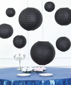 HIER_3300 Set Of 8 - Black Hanging Paper Lanterns Round Assorted Size- 6", 8", 10", 14" Big Event Backdrops & Décor