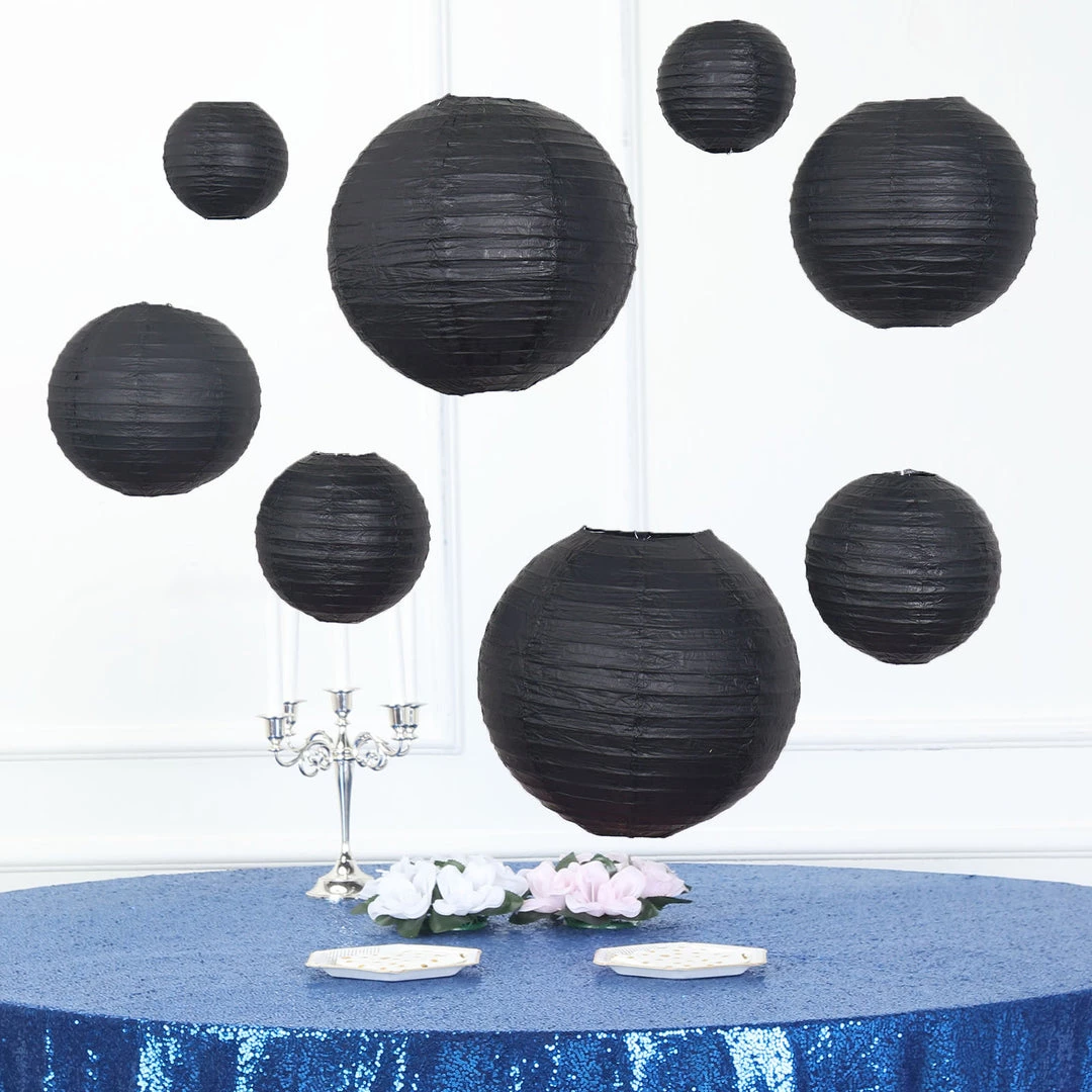 HIER_3300 Set Of 8 - Black Hanging Paper Lanterns Round Assorted Size- 6", 8", 10", 14" Big Event Backdrops & Décor 1 HIER_3300 Set Of 8 - Black Hanging Paper Lanterns Round Assorted Size- 6", 8", 10", 14" Big Event Backdrops & Décor