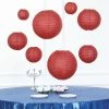 HIER_3300 Set Of 8 - Burgundy Hanging Paper Lanterns Round Assorted Size - 6", 8", 10", 14"
